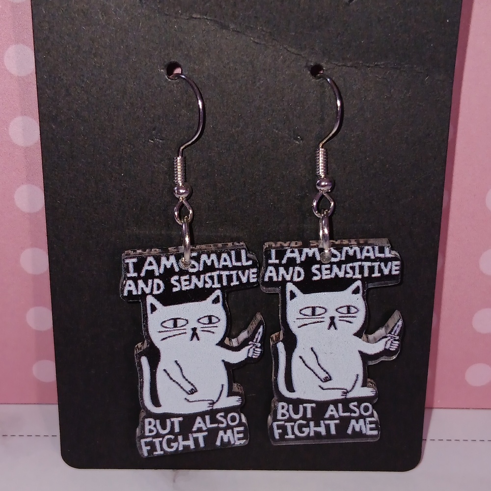 Funny Fight Me Cat😾 Acrylic Dangle Drop Earrings New!